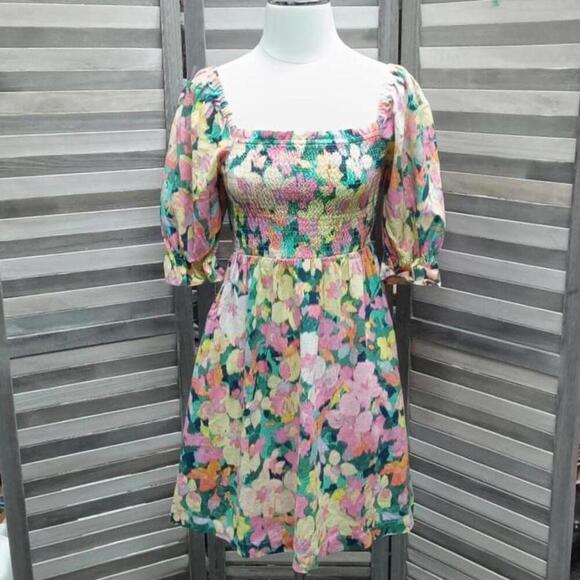 Puff Sleeve Linen-Blend Floral Mini Dress | Gap | X Small - Picture 1 of 7